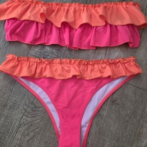 Ruffle Bandeau Bikini Set in Hot Pink and Coral